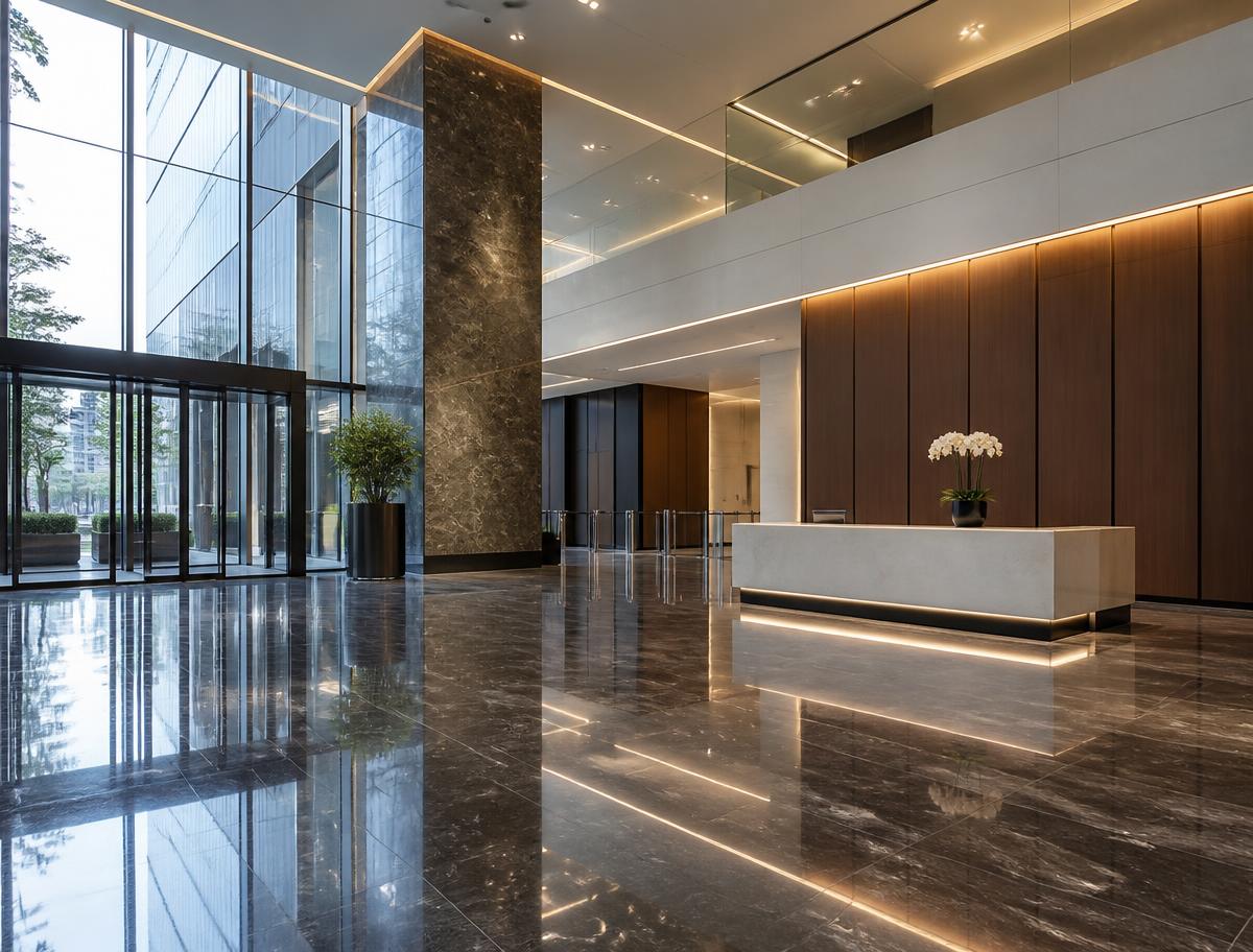 Spotless commercial office lobby with polished stone floors and glass walls maintained by a professional cleaning program