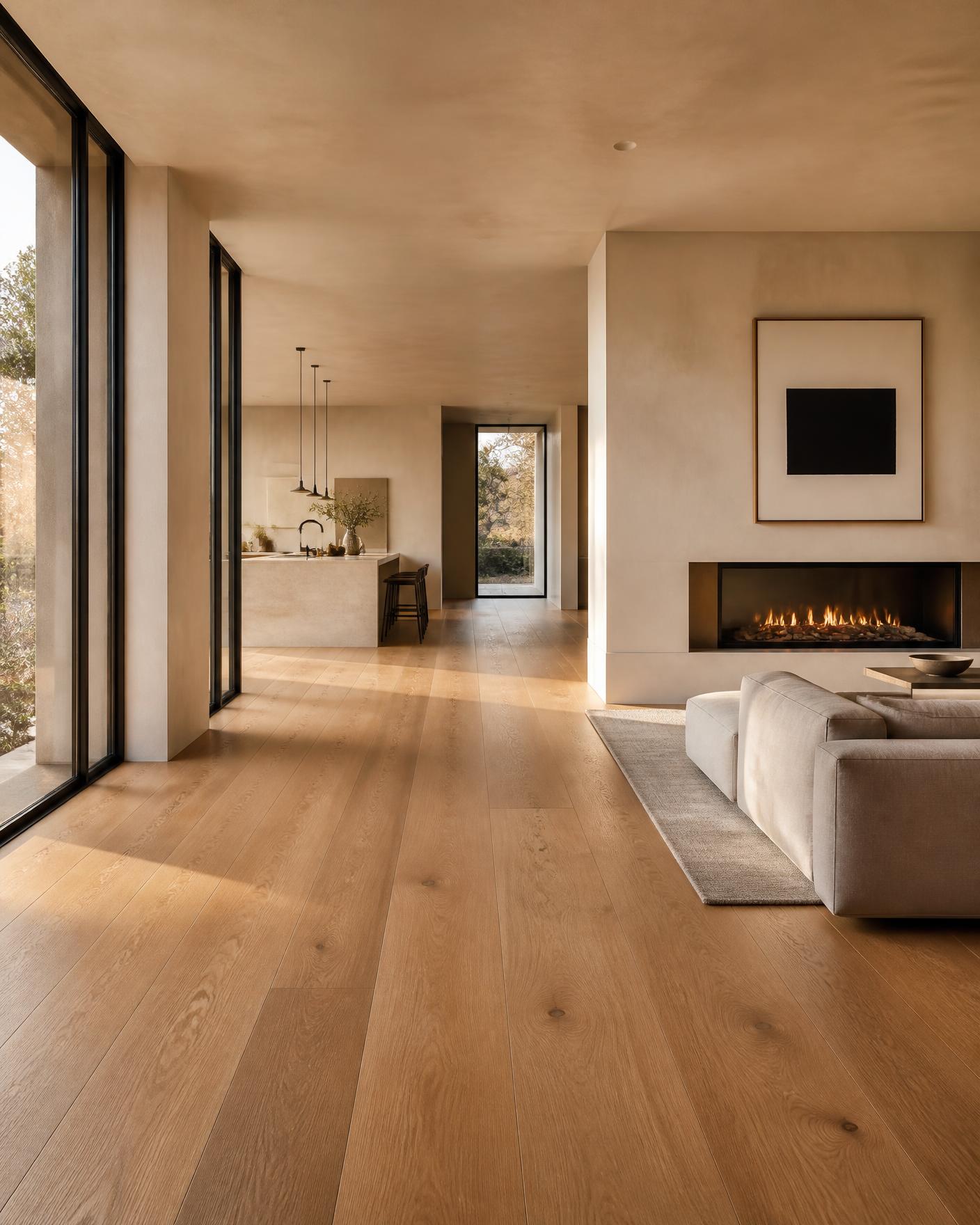 Immaculate modern living space with polished oak floors and floor-to-ceiling windows after a detailed Gemini cleaning